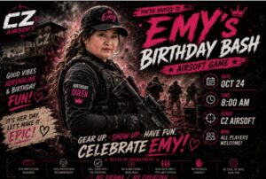 CZ Airsoft birthday party invitation featuring an airsoft player and birthday event details